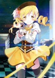 10s 1girl absurdres black_thighhighs blonde_hair blush checkered_floor corset door drill_hair female_focus fingerless_gloves floor frown gloves gun hair_ornament hallway highres light_particles looking_at_viewer magical_girl magical_musket mahou_shoujo_madoka_magica mahou_shoujo_madoka_magica_(anime) pinstripe_pattern rifle scan skirt solo spoilers striped tears thighhighs tiv tomoe_mami tomoe_mami_(magical_girl) twin_drills twintails weapon yellow_eyes