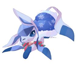 blue_eyes closed_mouth clothed_pokemon gen_4_pokemon glaceon lying nintendo no_humans one_eye_closed pokemon pokemon_(creature) ribbon simple_background snowflake_print sorashiramu twitter_username white_background