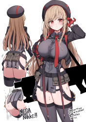 1girl absurdres ass belt belt_pouch beret black_belt black_gloves black_hat black_jacket black_leotard black_thighhighs blush breasts collared_shirt commentary_request cropped_jacket gloves goddess_of_victory:_nikke grey_shirt hat highres jacket large_breasts leotard leotard_under_clothes long_hair long_sleeves looking_at_viewer multiple_views necktie open_clothes open_jacket pelvic_curtain pizzasi pouch rapi_(nikke) red_gloves red_necktie shirt simple_background sweat thighhighs thighs translation_request two-tone_gloves underbust weapon weapon_on_back white_background