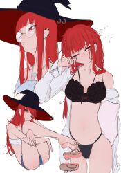 Rule 34 | 1girl, black bra, black hat, blunt bangs, borrowed character, bra, breasts, commentary, cutoffs, ear piercing, earrings, english commentary, eranahh, glasses, hat, hugging own legs, jewelry, long hair, looking at viewer, multiple views, navel, off-shoulder shirt, off shoulder, one eye closed, original, piercing, red eyes, red hair, rubbing eyes, shirt, sitting, squeans, standing, strapless, tube top, underwear, unfinished, val (yan kodiac), white tube top, witch hat