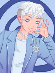 1boy absurdres benjis_cursed_universe blue_eyes blue_jacket blue_shirt colored_skin grin highres hypnosis jacket long_eyelashes looking_at_viewer male_focus mind_control original pocket_watch self-upload shirt short_hair simple_background smile solo spiral spiral_background upper_body victor_(benjis_cursed_universe) watch white_hair white_skin