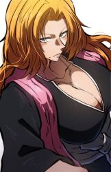 1girl bleach blue_eyes breasts chain chain_necklace highres jewelry large_breasts long_hair matsumoto_rangiku mole mole_under_mouth necklace orange_hair pink_shawl shawl shihakusho thatamaan