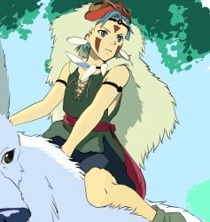 1boy bad_id bad_pixiv_id bare_arms blue_eyes blue_hair camus_(dq11) cape closed_mouth commentary_request cosplay dragon_quest dragon_quest_xi earrings facepaint facial_mark grey_fur jewelry looking_to_the_side male_focus mondi_hl mononoke_hime necklace riding san_(cosplay) san_(mononoke_hime) serious shoes short_hair skirt solo tree wolf