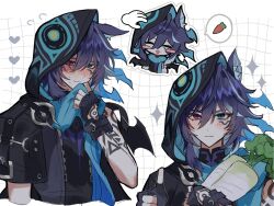 1boy animal_ear_fluff animal_ears arm_tattoo bat_ears black_gloves blue_eyes blue_hair blue_scarf blush carrot chibi closed_eyes closed_mouth commentary_request fingerless_gloves food genshin_impact gloves hair_between_eyes hand_up headscarf heterochromia highres holding holding_food light_blush looking_at_viewer looking_to_the_side messy_hair multicolored_hair nervous nervous_smile nervous_sweating nose_blush ororon_(genshin_impact) ota_(ooo_tsn) purple_eyes radish scarf short_hair shoulder_tattoo sleeveless smile solo spoken_food streaked_hair sweat tattoo thumbs_up white_background