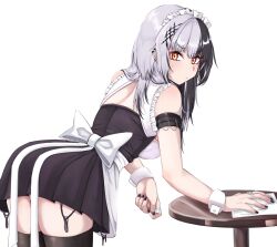 1girl alternate_costume apron arm_strap black_dress black_hair black_thighhighs breasts closed_mouth dress enmaided grey_hair highres hololive hololive_english long_hair looking_at_viewer maid maid_apron maid_headdress medium_breasts mmneko multicolored_hair shiori_novella solo split-color_hair table tablecloth thighhighs transparent_background two-tone_hair virtual_youtuber wrist_cuffs yellow_eyes
