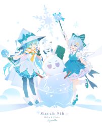 &gt;:) 2girls adapted_costume ahoge ankle_boots aqua_eyes aqua_hair arm_up black_pantyhose blue_dress blue_eyes blue_hair boots bow bowtie cape character_name cirno commentary crossover dated dress fingerless_gloves frilled_dress frills full_body gloves gold_trim hair_bow half_updo hat hat_bow hatsune_miku highres holding holding_wand kneehighs long_hair miku_day multiple_girls musical_note musical_staff open_mouth pantyhose pinafore_dress puffy_short_sleeves puffy_sleeves rabbit rabbit_yukine short_hair short_sleeves signature siyumu sleeveless sleeveless_dress smile snowflakes snowman socks sparkle standing standing_on_one_leg striped_bow touhou twintails v-shaped_eyebrows very_long_hair wand white_bow white_bowtie white_cape white_gloves white_socks witch_hat yuki_miku yuki_miku_(2014)