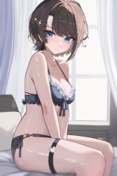 Rule 34 | 1girl, absurdres, between legs, black bra, black panties, blue eyes, blush, bra, breasts, brown hair, cleavage, closed mouth, commentary, curtains, day, earrings, english commentary, frilled bra, frills, hair ornament, hairclip, hand between legs, highres, hololive, indoors, jewelry, kkato, looking at viewer, medium breasts, on bed, oozora subaru, panties, short hair, sitting, solo, star (symbol), star hair ornament, swept bangs, thigh strap, underwear, underwear only, virtual youtuber, window