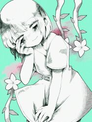 1girl anzu_(dufg4825) blood bloody_tears closed_mouth collared_dress commentary_request dress dress_tug feet_out_of_frame flower green_background greyscale_with_colored_background half-closed_eyes hand_on_own_cheek hand_on_own_face hand_up head_tilt highres iyowa_girls last_journey_(vocaloid) looking_at_viewer short_hair short_sleeves smile solo standing