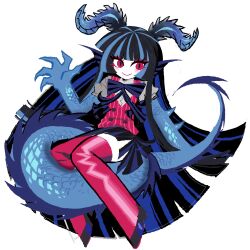 Rule 34 | 1girl, animal hands, black hair, blue hair, blunt bangs, bow, bowtie, claws, dragon girl, dragon horns, dragon tail, fins, full body, grey shirt, head fins, highres, horns, kakke666, long hair, looking at viewer, monster girl, multicolored hair, original, pink thighhighs, pink vest, red eyes, shirt, simple background, skirt, slit pupils, solo, streaked hair, striped clothes, striped vest, tail, thighhighs, very long hair, vest, white background