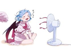 Rule 34 | 1girl, ascot, bat wings, blue hair, closed eyes, commentary request, electric fan, fang, fanning self, full body, hair between eyes, hat, highres, hot, ko gyoku, mob cap, open mouth, pink hat, pink shirt, pink skirt, puffy short sleeves, puffy sleeves, red ascot, remilia scarlet, shirt, short hair, short sleeves, simple background, sitting, skin fang, skirt, solo, sweat, sweatdrop, touhou, unworn hat, unworn headwear, wariza, white background, wings