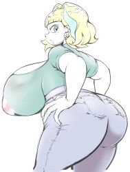1girl ass blonde_hair blue_eyes blue_hair breasts cleavage cocco_(cocco1192) covered_erect_nipples denim disney ear_piercing earrings eyelashes female_focus freckles highres huge_ass huge_breasts jackie_lynn_thomas jewelry looking_at_viewer multicolored_hair pants piercing see-through_clothes short_hair solo standing star_vs_the_forces_of_evil thick_thighs thighs two-tone_hair