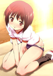 Rule 34 | 1girl, backlighting, blush, buruma, buruma pull, clothes pull, dusk, female focus, gym uniform, hagiwara yukiho, hakua ugetsu, idolmaster, idolmaster (classic), io takuya, kneehighs, kneeling, panties, pink eyes, pink hair, sad, shoes, short hair, sitting, socks, solo, sunset, third-party edit, underwear, white shoes, yellow panties