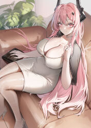 1girl absurdres alternate_costume arknights arm_at_side bag black_capelet black_horns blush breasts capelet chinese_commentary cleavage closed_mouth commentary_request couch covered_erect_nipples covered_navel dongtan_dress dress earrings feet_out_of_frame fringe_trim from_above from_side grey_dress grey_shoes hair_between_eyes hair_intakes hair_spread_out hand_up handbag high_heels highres horns indoors jewelry knees_together_feet_apart large_breasts long_hair looking_at_viewer looking_to_the_side lubikaya meme_attire multiple_rings necklace on_couch pantyhose pencil_dress pink_eyes pink_hair plant ring see-through_clothes see-through_legwear shoes short_dress sitting sleeveless sleeveless_dress smile solo theresa_(arknights) twirling_hair very_long_hair