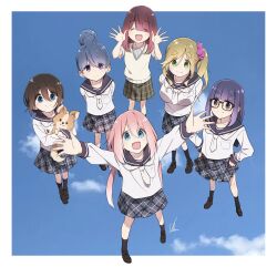 6+girls black-framed_eyewear black_hair blue_eyes blue_hair blue_sky breasts brown_eyes brown_hair chikuwa_(yurucamp) closed_eyes closed_mouth cloud glasses green_eyes hair_between_eyes hair_bun highres inuyama_aoi kagamihara_nadeshiko long_hair long_sleeves looking_at_viewer motosu_school_uniform multiple_girls oogaki_chiaki open_mouth pink_hair purple_eyes purple_hair saitou_ena school_uniform shima_rin shirt short_hair single_hair_bun sky smile thick_eyebrows toki_ayano yas_(yosiyasuyasu) yurucamp