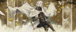 1girl armor armor_under_clothes bird blonde_hair blood blood_on_face bloody_weapon braid cape commentary couter crossed_legs crown_braid elden_ring elden_ring:_shadow_of_the_erdtree english_commentary full_armor gauntlets gorget greaves hand_on_helmet helm helmet highres holding holding_helmet kelvin_ricardo needle_knight_leda ornate_armor sitting solo sword vambraces weapon white_cape