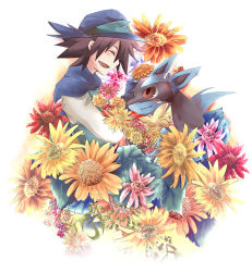 00s 1boy bad_id bad_pixiv_id black_hair blush closed_eyes flower gen_4_pokemon hat inumimi-syndrome lucario male_focus nintendo plant pokemon pokemon:_lucario_and_the_mystery_of_mew pokemon_(anime) pokemon_(creature) pokemon_rse_(anime) sir_aaron sir_arlon smile white_background