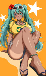 1girl absurdres aqua_eyes aqua_hair bead_choker beads brazilian_flag brazilian_flag_print brazilian_miku breasts exposed_pocket eyewear_on_head feet flag_print flower forest_(4423) hair_flower hair_ornament hatsune_miku highres large_breasts rectangular_earrings shorts_tan smile star_(symbol) sunglasses tan tanline tanline_peek thighs twintails vocaloid white-framed_eyewear