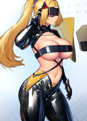 1girl black_blindfold black_bodysuit black_shrug blindfold blonde_hair bodysuit breasts cleavage covered_eyes cowboy_shot facing_to_the_side gloves high_ponytail highres large_breasts long_hair navel nicchi parted_lips ponytail revealing_clothes shrug_(clothing) solo sunglasses trigger_(zenless_zone_zero) underboob white_background zenless_zone_zero