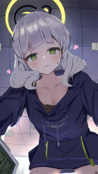 1girl black_camisole black_halo blue_archive blue_hoodie blush breasts camisole cleavage collarbone commentary_request cowboy_shot drawstring english_text from_below ganba_artworks green_eyes green_halo grey_hair hair_intakes halo hare_(blue_archive) heart highres hood hood_down hoodie indoors long_hair long_sleeves pinned pov sidelocks solo spaghetti_strap sweat thighs