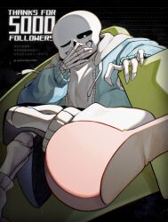 Rule 34 | 1boy, absurdres, black sclera, blue jacket, colored sclera, couch, english text, forut dondon, grin, highres, jacket, looking at viewer, male focus, on couch, one eye closed, pink slippers, sans (undertale), sitting, skeleton, slippers, smile, solo, teeth, translation request, twitter username, undertale, white eyes
