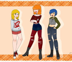 3girls alternate_costume alternate_hairstyle blonde_hair blue_hair cartoon_network covered_eyes crossed_arms ed_edd_n_eddy green_eyes highres lee_kanker lemonsandorchids33 marie_kanker may_kanker multiple_girls orange_hair pants shirt shorts simple_background smile