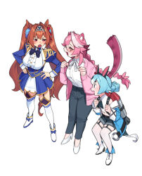1other 2girls :o animal_ears black_pants blue_jacket blue_skirt boots breasts brown_hair cardigan center_frills chattino_(raora_panthera) closed_eyes collared_shirt commentary cropped_shirt crossover daiwa_scarlet_(umamusume) dasdokter english_commentary epaulettes fang framed_breasts frills full_body garter_straps gold_trim hair_between_eyes hair_intakes hands_on_own_hips hands_up high_heels highres hololive hololive_english horse_ears horse_girl horse_tail jacket jetpack juliet_sleeves large_breasts layered_skirt long_hair long_sleeves looking_at_another midriff multicolored_hair multiple_girls navel open_mouth panther_ears panther_girl panther_tail pants pink_cardigan pink_hair puffy_sleeves raora_panthera red_eyes shirt shirt_tucked_in shoes shorts simple_background skirt smile streaked_hair tail thighhighs tiara twintails umamusume underbust very_long_hair virtual_youtuber white_background white_boots white_hair white_shirt white_shoes white_skirt white_thighhighs