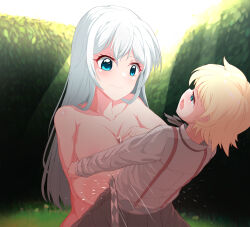 1boy 1girl age_difference blonde_hair blue_eyes blush breasts censored clothed_male_nude_female clothed_sex eleonore_bonnefoi farma_de_medicis grabbing_another&#039;s_breast groping highres huge_breasts inverted_nipples isekai_yakkyoku long_hair looking_at_viewer mosaic_censoring nude open_mouth paizuri pt saliva saliva_trail short_hair shota size_difference white_hair
