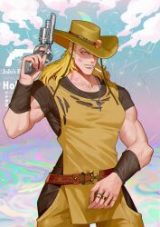 Rule 34 | 1boy, absurdres, arm warmers, belt, belt buckle, black arm warmers, brown belt, brown dress, buckle, bullet necklace, china dress, chinese clothes, chromatic aberration, cigarette, clothing cutout, cowboy shot, crescent, crossdressing, dress, earrings, english text, gold ring, gun, handgun, highres, hol horse, holding, holding gun, holding weapon, jewelry, jojo no kimyou na bouken, lipstick mark, lipstick mark on face, lofter logo, lofter username, male focus, multiple rings, necklace, pants, ring, scar, scar on arm, shirt, solo, star (symbol), thigh cutout, torn clothes, torn dress, twitter logo, twitter username, unlit cigarette in mouth, veela, weapon, weibo username, yellow dress