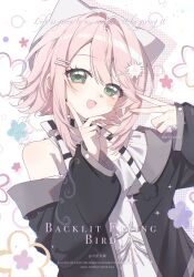 1girl :d animal_hat bare_shoulders black_jacket blush cat_hat double-parted_bangs green_eyes hair_ornament hairclip hands_up hat highres jacket long_sleeves looking_at_viewer open_clothes open_jacket open_mouth original parallel_hairclips pink_hair shirt short_hair smile solo upper_body watermark white_background white_hat white_shirt yezhi