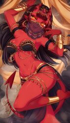1girl barefoot belly_dancing bikini black_hair blunt_bangs body_freckles bracelet breasts choker circlet colored_skin demon_girl demon_tail earrings fangs freckles gold_bracelet gold_bracer gold_thighlet hair_between_horns harem_outfit highres hoop_earrings horns jewelry long_hair looking_at_viewer medium_breasts meruccubus_(merunyaa) merunyaa mouth_veil navel_piercing open_mouth original pelvic_curtain piercing pointy_ears red_skin red_tail skin-covered_horns solo strapless strapless_bikini swimsuit tail tail_ornament veil yellow_eyes