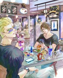 1girl 4boys absurdres aqua_eyes bar_(place) bar_stool bare_shoulders black_shirt blonde_hair blue_pants breasts brick_wall brown_hair burger chain chain_necklace closed_eyes collared_shirt cowboy_hat cup cupcake curly_hair denim diner drinking_straw eni_(yoyogieni) final_fantasy final_fantasy_viii food green_eyes grey_pants gun hair_slicked_back hat highres holding holding_cup holding_phone ice_cream ice_cream_float indoors irvine_kinneas jeans jewelry ketchup_bottle long_hair long_sleeves looking_at_phone looking_at_viewer looking_back medium_breasts multiple_boys mustard_bottle necklace overalls pants parted_bangs parted_lips phone picture_frame scar scar_on_face scar_on_forehead seifer_almasy selphie_tilmitt shirt short_hair short_sleeves shotgun sitting sleeves_rolled_up smile squall_leonhart stool sunglasses table v-neck weapon white_shirt yellow_overalls zell_dincht