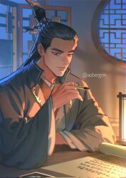Rule 34 | 1boy, aubergrin, black hair, black hanfu, calligraphy, calligraphy brush, calligraphy scroll, chinese clothes, closed mouth, commentary, commission, elbow on table, english commentary, hair bun, hand up, hanfu, highres, holding, holding calligraphy brush, holding paintbrush, indoors, lantern, lattice, long hair, long sleeves, looking down, male focus, paintbrush, paper, renzha fanpai zijiu xitong, scroll, single hair bun, smile, solo, table, twitter username, upper body, wide sleeves, writing, yue qingyuan