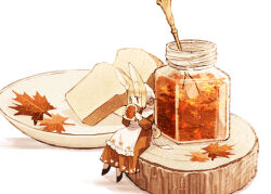 1girl animal_ears apron autumn autumn_leaves back_bow blonde_hair bow bread bread_slice commentary_request dress food frilled_apron frills hinata_(echoloveloli) holding holding_food jam jar leaf long_sleeves maple_leaf original plate rabbit_ears rabbit_girl rabbit_tail shoes sitting solo tail tree_stump wide_shot