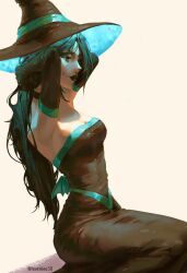 Rule 34 | 1girl, arms up, artist name, black hair, black lips, breasts, cleavage, dress, elbow gloves, gloves, hat, highres, lover6ee30, low wings, sage (valorant), sitting, small breasts, solo, stitched face, stitches, strapless, strapless dress, twitter username, tying hair, valorant, wings, witch hat