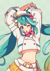 1girl 310123 antenna_39_(vocaloid) aqua_eyes aqua_hair arms_up belt beret blonde_hair blush bow bowtie commentary_request cropped_jacket gradient_hair hat hatsune_miku highres long_hair long_sleeves looking_at_viewer magical_mirai_(vocaloid) magical_mirai_miku magical_mirai_miku_(2024) midriff multicolored_hair navel official_alternate_costume official_alternate_hairstyle one_eye_closed open_mouth pink_bow pink_bowtie pleated_skirt skirt solo stomach twintails very_long_hair vocaloid white_belt yellow_skirt