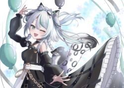 animal_ears bad_tag balloon black_sky braided_sidelocks cake cheek_rest cross-laced_clothes cross-laced_sleeves dessert food freedomman_hero frilled_straps fuzzy_clothes grey_nails grey_tail hinamori_anthea holding holding_saucer indie indie_virtual_youtuber leopard_ears leopard_tail maid nata_(tool) red_pupils saucer sky snow_leopard_tail strawberry_shortcake tail teapot virtual wallpaper_(object)