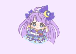Rule 34 | 1girl, absurdly long hair, ahoge, back bow, bag bow, blue bow, blue dress, blue eyes, blunt bangs, blunt ends, boots, bow, brooch, chibi, closed mouth, commentary, crescent, crescent earrings, crescent hair ornament, cure selene, dot nose, dress, earrings, eyelashes, hair bow, hair ornament, hairband, happy, ichigo usuhana, jewelry, kaguya madoka, knee boots, large bow, light blush, long dress, long hair, looking at viewer, magical girl, outstretched arms, parted bangs, pink bag, pink bow, precure, purple background, purple bow, purple dress, purple hair, purple theme, see-through bow, see-through clothes, see-through dress, short sleeves, simple background, smile, solo, square neckline, star (symbol), star print, star twinkle precure, straight hair, tareme, two-tone dress, very long hair, waist bag, white arm warmers, white boots, white hairband, white sleeves