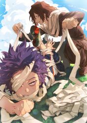 Rule 34 | 2boys, absurdres, aizawa shota, bags under eyes, black eyes, black hair, black pants, black shoes, blue jacket, blue pants, blue sky, boku no hero academia, bound, cheek poking, clenched teeth, clothes grab, cloud, commentary request, contrail, cumulonimbus cloud, day, facial hair, fingernails, full body, furrowed brow, goatee stubble, green shoes, grey scarf, hair between eyes, hand on ground, highres, jacket, kawaharaaisu, legs up, lens flare, light particles, long scarf, long sleeves, looking down, looking to the side, lying, male focus, medium hair, messy hair, multicolored shoes, multiple boys, mustache stubble, neckwear grab, no socks, on grass, on stomach, one eye covered, pants, poking, purple hair, red shoes, scarf, scarf grab, shinso hitoshi, shoes, short hair, sky, sneakers, sparse stubble, spiked hair, squatting, stubble, sunlight, sweat, teacher and student, teeth, tied up (nonsexual), u.a. gym uniform, untying, white shoes