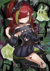 Rule 34 | 1girl, absurdres, arknights, bandage on knee, bandaid, bandaid on cheek, bandaid on face, bare shoulders, black bonnet, black boots, black choker, black dress, blue nails, bonnet, boots, braid, breasts, brown eyes, choker, commentary request, detached sleeves, dress, earrings, gauze on knee, graffiti, green hair, hair over one eye, highres, jewelry, long hair, looking at viewer, material growth, multicolored hair, oripathy lesion (arknights), pointy ears, puppet dancer (arknights), red hair, solo, streaked hair, tecno (arknights), yuyehexi