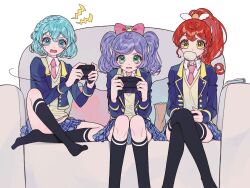 3girls aged_up ahoge ao_(ao0_0nemu) bad_id bad_twitter_id bag steamed_bun black_thighhighs blue_eyes blue_hair blue_jacket blue_skirt bow collared_shirt concentrating couch cropped_jacket crossed_ankles crossed_legs dorothy_west feet_out_of_frame food full_body green_eyes hair_bow hands_up highres jacket kneehighs long_hair long_sleeves looking_at_viewer manaka_laala manaka_laala_(normal) miniskirt mouth_hold multiple_girls necktie no_shoes on_couch open_mouth paper_bag paprika_private_academy_school_uniform pillow pink_bow pink_necktie plaid_clothes plaid_skirt playing_games pleated_skirt ponytail pretty_series pripara purple_hair red_hair school_uniform shiratama_mikan shirt short_hair sitting skirt socks thighhighs twintails vest wavy_mouth white_background white_shirt yellow_eyes yellow_vest