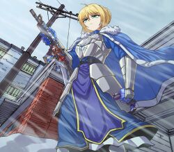1girl absurdres armor armored_dress artoria_pendragon_(fate) assault_rifle belt black_belt blonde_hair blue_cape blue_dress blue_gloves building cape closed_mouth commentary commission counter-strike_(series) counter-strike_2 dagger day dress english_commentary expressionless fate_(series) feet_out_of_frame gloves green_eyes gun highres holding holding_dagger holding_gun holding_knife holding_weapon hugo_(rushbordie) karambit knife long_sleeves looking_afar m4_carbine multicolored_gloves outdoors pelvic_curtain purple_gloves rifle saber_(fate) short_hair snow solo standing utility_pole weapon wind