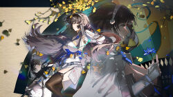 3girls assault_rifle black_thighhighs blueblossom breasts brown_hair bullpup chinese_clothes chinese_text closed_mouth commentary daiyan_(girls&#039;_frontline_2) dress english_commentary fingerless_gloves flower folding_fan garter_straps girls&#039;_frontline girls&#039;_frontline_2:_exilium gloves gun hairband hand_fan highres holding holding_fan holding_flower holding_gun holding_weapon large_breasts long_hair looking_at_viewer multiple_girls multiple_persona parted_lips qbz-95 rifle smile textless_version thighhighs trigger_discipline type_95_(girls&#039;_frontline) weapon white_dress white_gloves white_hairband