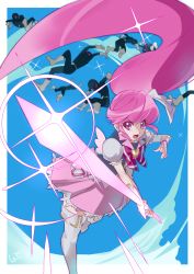 1girl absurdres aino_megumi boots brooch cure_lovely earrings floating_hair grey_sleeves happinesscharge_precure! heart heart_brooch heart_earrings highres holding holding_sword holding_weapon jewelry long_hair looking_at_viewer magical_girl miniskirt open_mouth pink_eyes pink_hair pink_skirt precure purple_neckwear shipu_(gassyumaron) short_sleeves skirt sword thigh_boots thighhighs very_long_hair weapon white_footwear zettai_ryouiki