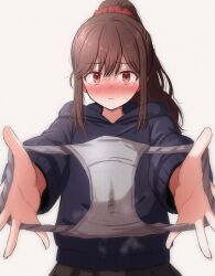 Rule 34 | 1girl, artist self-insert, black hoodie, blush, brown eyes, brown hair, closed mouth, commentary, dot nose, grey panties, hair ornament, hair scrunchie, high ponytail, highres, holding, holding panties, holding underwear, holding unworn clothes, hood, hoodie, long hair, long sleeves, looking at viewer, mame rakko, mamerakkkkko (mamerakkkkko), nose blush, original, outstretched arms, panties, ponytail, presenting removed panties, protected link, pussy juice stain, red scrunchie, scrunchie, simple background, solo, underwear, white background