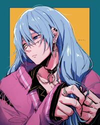1boy absurdres akasuzu3641 alternate_costume black_choker blue_eyes blue_hair choker closed_mouth ear_piercing earrings eyelashes hair_between_eyes heterochromia highres jacket jewelry jujutsu_kaisen long_hair low-tied_long_hair mahito_(jujutsu_kaisen) male_focus multiple_rings piercing pink_jacket ring single_earring solo stitched_arm stitched_face stitches torn_clothes tying_hair upper_body yellow_eyes