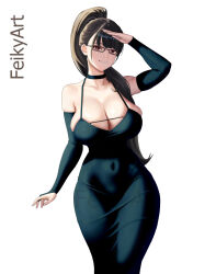 1girl alternate_costume artist_name bare_shoulders black_bridal_gauntlets black_choker black_dress black_hair blunt_bangs breasts bridal_gauntlets brown_eyes choker cleavage commentary dress english_commentary eve_(stellar_blade) feikyart glasses highres large_breasts long_hair looking_at_viewer parted_lips ponytail salute solo stellar_blade tight_clothes tight_dress
