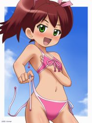1girl awa bikini brown_hair female_focus green_eyes loli navel saru_getchu sayaka_(saru_getchu) smile solo swimsuit teasing twintails undressing untied_bikini