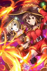 Rule 34 | 1girl, alternative girls, bandages, belt, black hair, black thighhighs, blush, brown hair, cape, chomusuke, cosplay, dress, fingerless gloves, gloves, hat, highres, kono subarashii sekai ni shukufuku wo!, looking at viewer, megumin, megumin (cosplay), open mouth, red eyes, short hair, single thighhigh, smile, staff, sylvia richter, thighhighs, white hair, witch hat