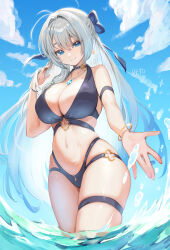 1girl absurdres bangle bare_shoulders bikini black_bikini black_choker blue_eyes bow bracelet breasts choker cleavage closed_mouth day guamon hair_bow half_updo halterneck hand_up highres jewelry large_breasts long_hair looking_at_viewer multi-strapped_bikini_bottom navel necklace original outdoors skindentation smile solo stomach swimsuit thigh_strap thighs very_long_hair wading water wet white_hair