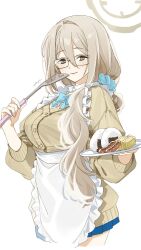 Rule 34 | 1girl, akane (blue archive), akane (school uniform) (blue archive), apron, blue archive, blue bow, blue bowtie, blue scrunchie, bow, bowtie, breasts, brown cardigan, brown eyes, brown hair, brown halo, cardigan, closed mouth, collared shirt, cropped legs, food, frilled apron, frills, glasses, hair ornament, hair scrunchie, halo, highres, holding, holding plate, holding spatula, large breasts, long hair, long sleeves, looking at viewer, mitsuhashitaeko, omelet, onigiri, plate, sausage, scrunchie, shirt, signature, simple background, smile, solo, spatula, waist apron, white apron, white background, white shirt